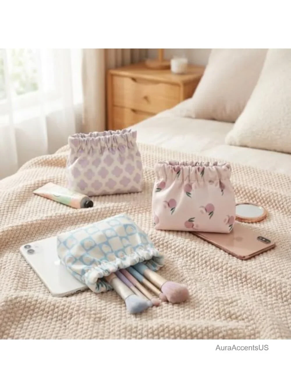 3pc Small Cosmetic Pouches for Purse, Self-Closing Organizer Bag Set